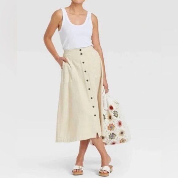 TravelSmith Vintage Skirt Womens 14p Petite Button Down Maxi Midi light brown - Picture 8 of 9